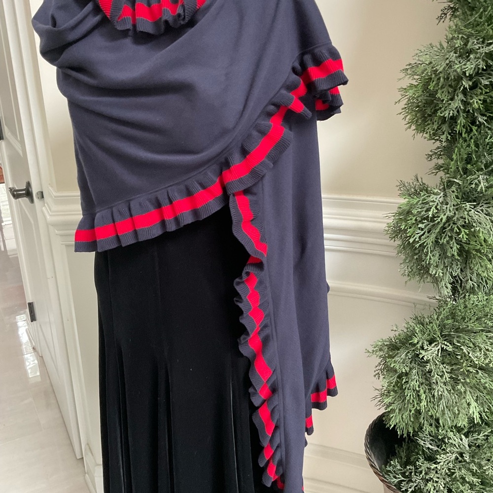 Talbots Blue Wrap With Ruffle Red Trim - image 2